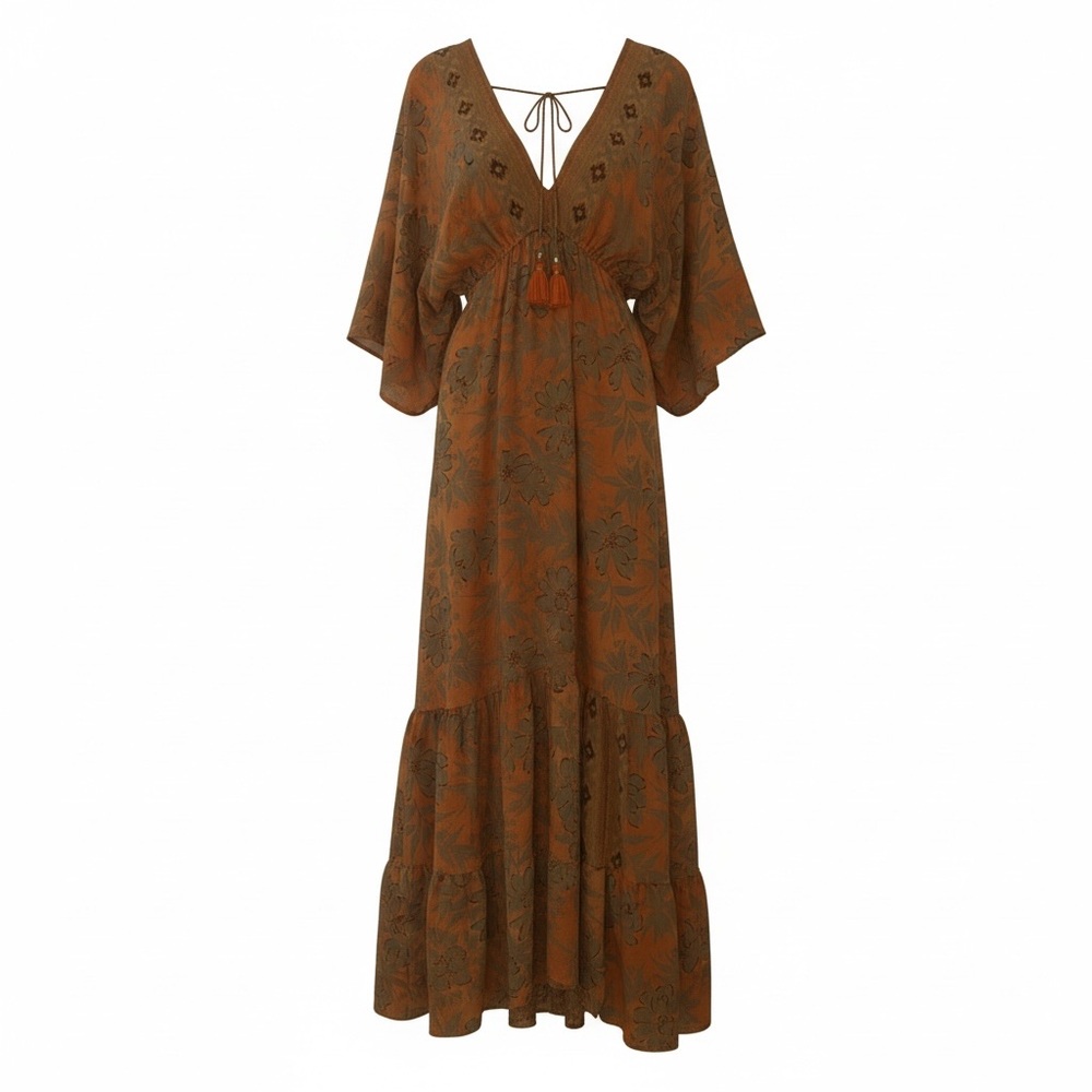 Floral Boho Maxi Dress in Orange and Beige - Picture 2 of 10